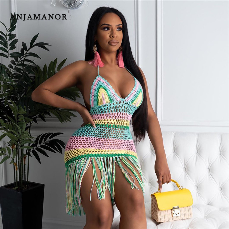 

Casual Dresses ANJAMANOR Sexy Summer Crochet Tassels Backless Hawaiian Halter Beach Cover Up Party Short Women Club Outfits D48EZ20 220410, Multi
