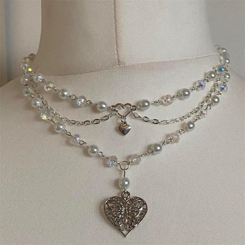 

Chokers Pearls Butterfly Heart Fairycore Choker Necklace Y2K Pixie Cottagecore Rosary 230410