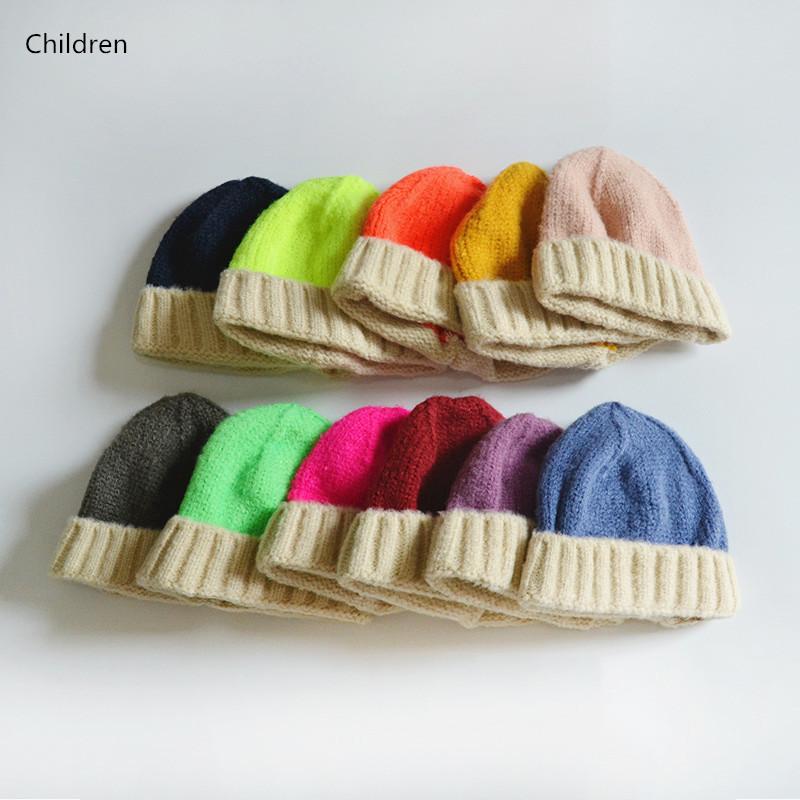 

Beanies Kids Beanie Hat Winter Warm Korean Style Baby Girl Boy Patchwork Candy Color Crochet Elasticity Wool Knit Children Caps
