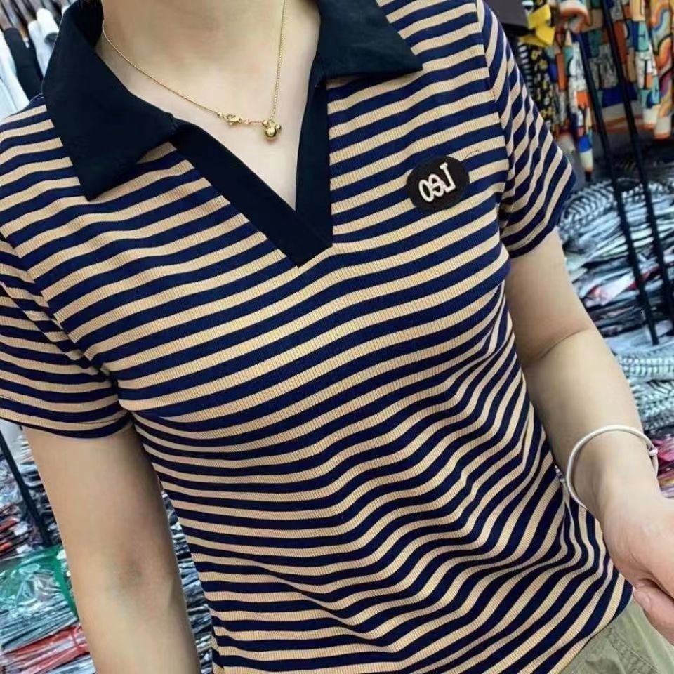 

Women s T Shirt Summer Short Sleeve Lapel Top Casual Fashion Stripe V Neck Pullover Embroidery Female Clothing T shirt 230410, Khaki