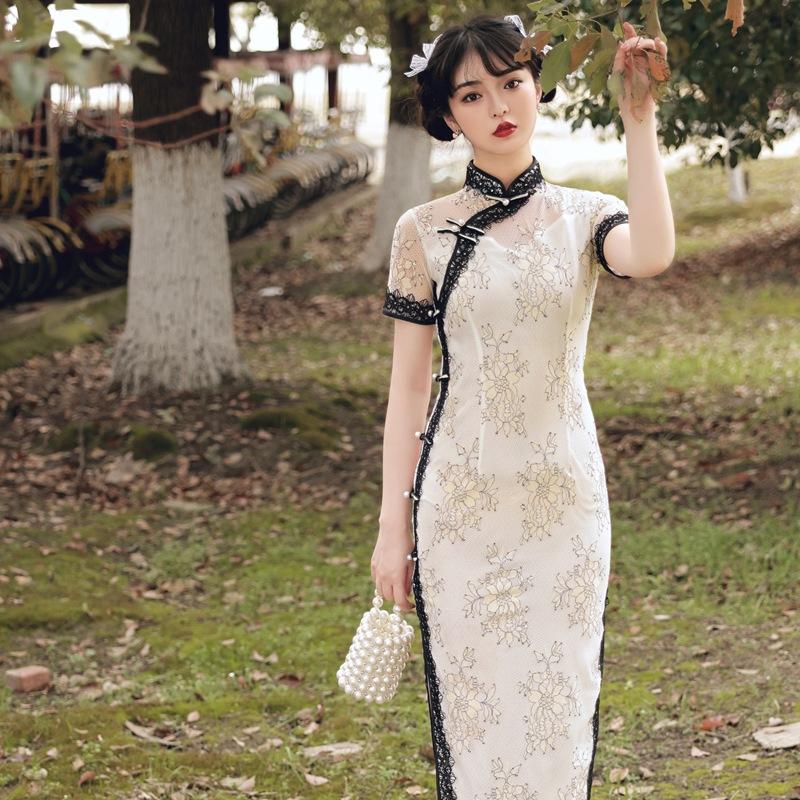 

Ethnic Clothing Lace Flower Mid Length Qipao Sexy Mandarin Collar Cheongsams Bridal Wedding Chinese Dresses Big Size Evening Party Vestidos