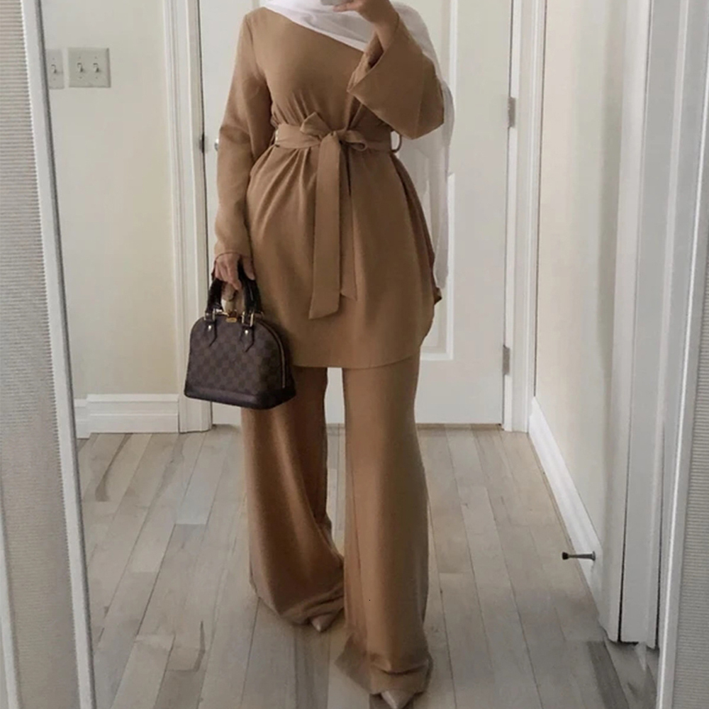 

Ethnic Clothing Eid Mubarak Abaya Turkey Hijab Two piece Muslim Sets Dress Caftan Kaftans Islam 2 Piece Set Women Loose Wide Leg Pants 230410