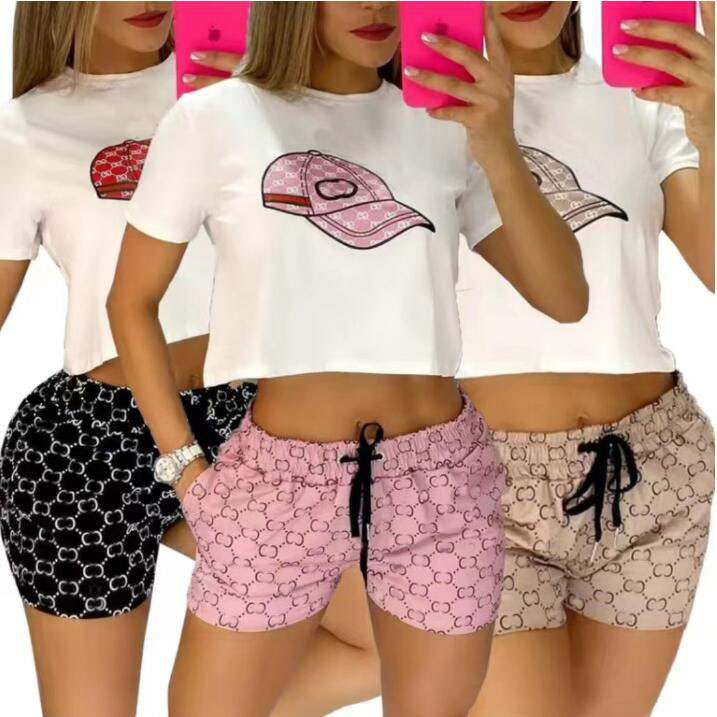 

new summer Womens Tracksuits Outfits Luxury letter hat printed short sleeve top T-shirt black pink Khaki Shorts Sets Casual 2pcs Tracksuit, 06