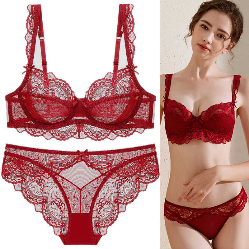 

Bras Sets Ultrathin Bra Panties Sets Transparent Brassiere Sexy Underwear Set Plus Size D E Cup Embroidery Women Lingerie Set Lace Bras AA230410, Wine red