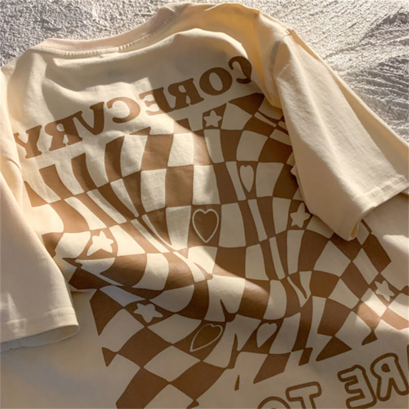 

Women's T-Shirt American checkerboard short sleeved T-shirt Men and Women Joker Couples T-shirt loose half sleeve shirt oversized t shirt 230410, Apricot