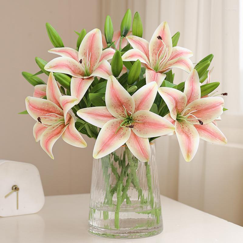 

Decorative Flowers 1 Flower 2 Buds Real Touch Lily Artificial For Home Table Wedding Party Decoration Fake Branch, Pink