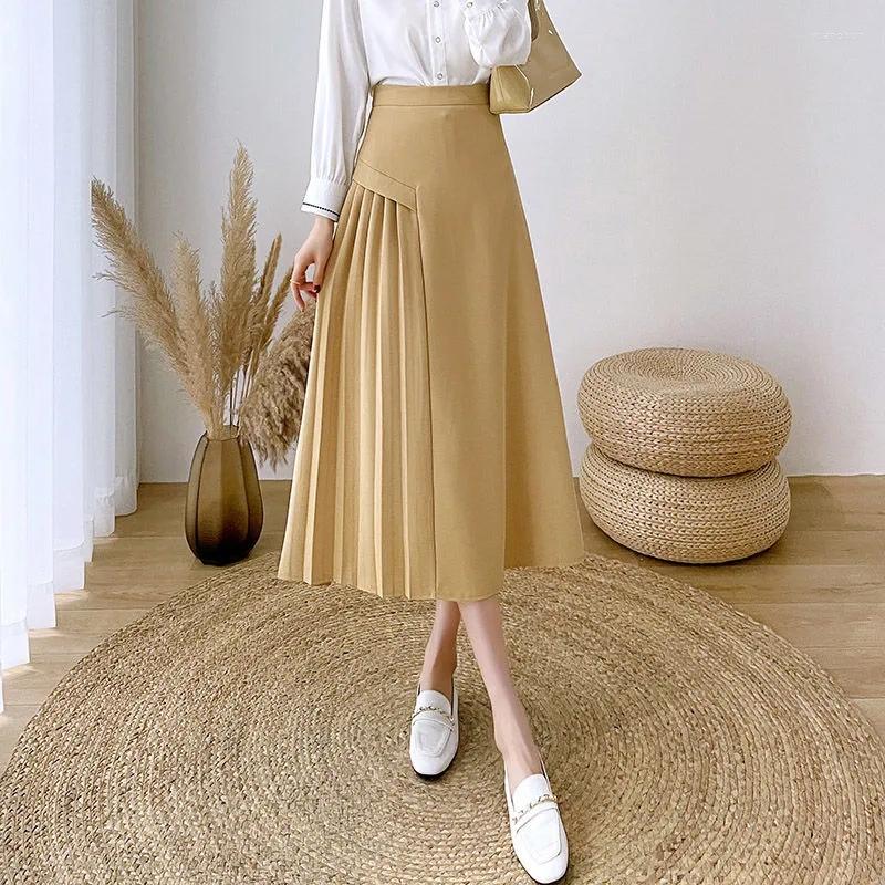 

Skirts Vintage Retro Women' Midi Skirt Autumn Solid High-waisted OL Woman Elegant Office Ladies A Line Pleated Faldas, Dd03242