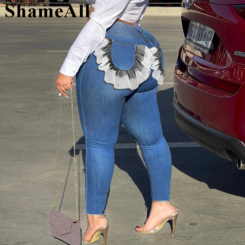 

Women s Plus Size Jumpsuits Rompers Lace Ruffles Patchwork Pockets Low Rise Pencil Jeans 4XL Street Push Up Distressed Stretchy Ripped Skinny Denim Pants 230410, Light blue