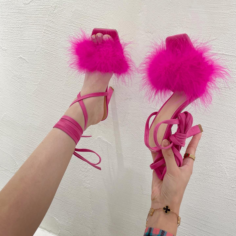 

Sandals Black Women Sandals Sexy Open Toe Furry Fur Summer HighHeeled Sandals Ladies shoes 230410