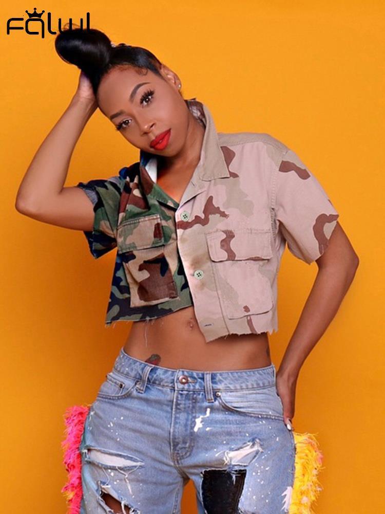 

Women' TShirt FQLWL Y2k Green Graphic T Shirts For Women Short Sleeve Camo Print Crop Tops Casual Turn down Collar blouses Women 230410, Army green