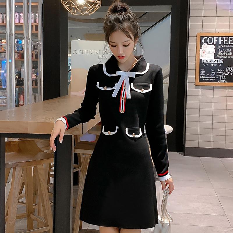 

Casual Dresses For Women 2023 Fall Winter Runway Bow Tie Knitted Elastic Long Sleeves Elegant Skinny Sweater Dress, Black