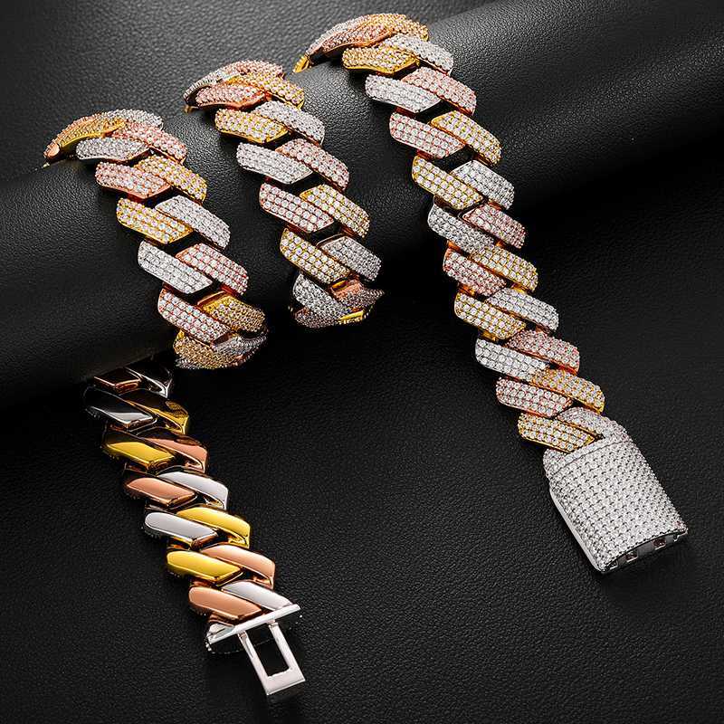 19mm 3 Tone 3 Rows Heavy Cuban Prong Chain Bling Iced Out Box Buckle Copper Setting Aaa+ Cubic Zirconia Chain for Men Jewelry-image-858582562