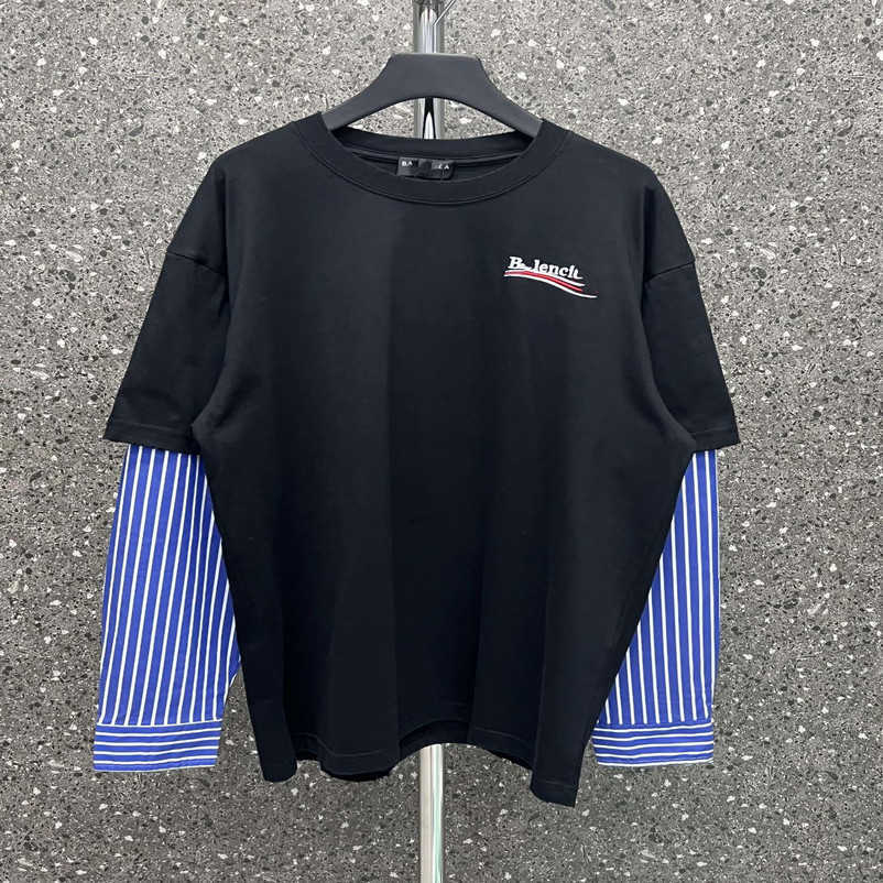 

2023 New designer womens t shirt high-end Correct Version Coke Embroidery Fake Two Piece Splice Shirt Loose Long Sleeve T-shirt, Black