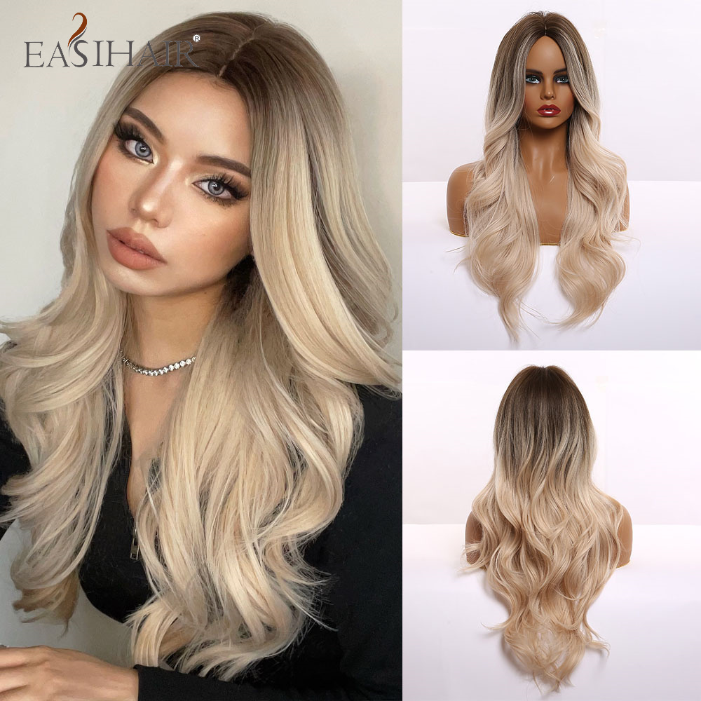 

Synthetic Wigs EASIHAIR Ombre Brown Light Blonde Platinum Long Wavy Middle Part Hair Cosplay Natural Heat Resistant for Women 230410, Wigs-lc5038-1