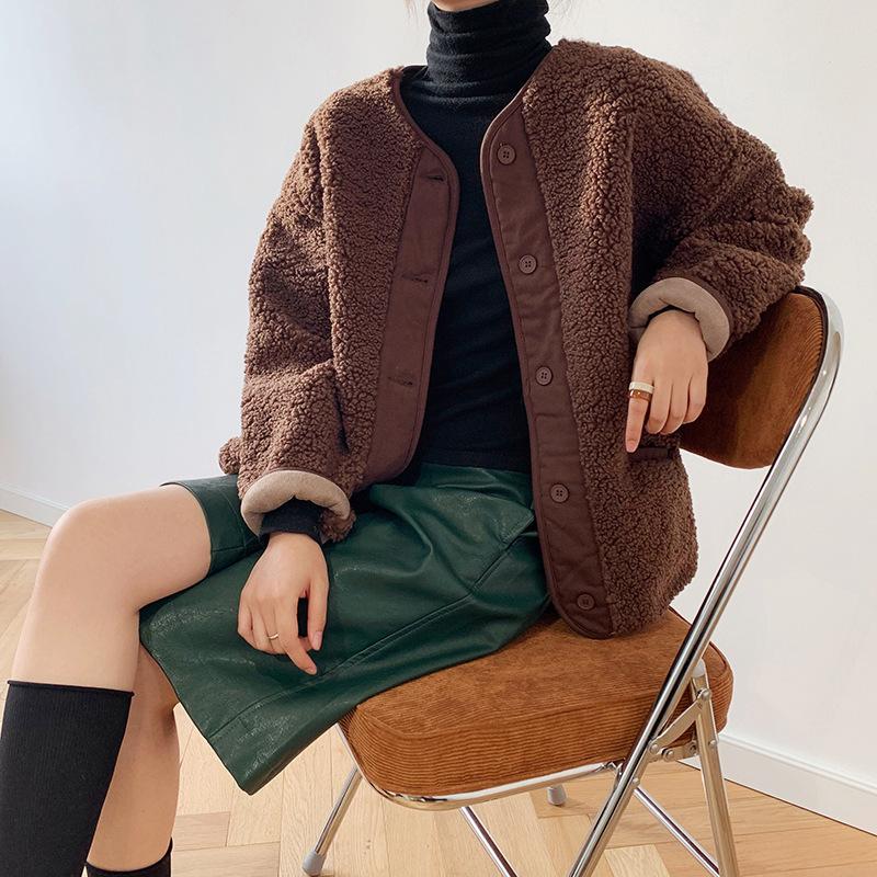 

Women's Jackets Autumn Winter Thickened Velvet Fur Coat Brown Apricot Lambwool Overcoat Lamb Jacket ShortWomen's, Black