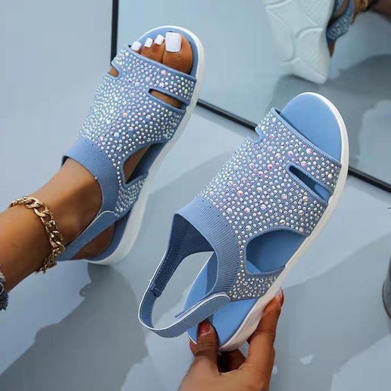 

Sandals Women Summer Mesh Casual Ladies Platform Shoes Peep Toe Rhinestone Bling Solid Color Fashion Comfy Female Footwear, Black