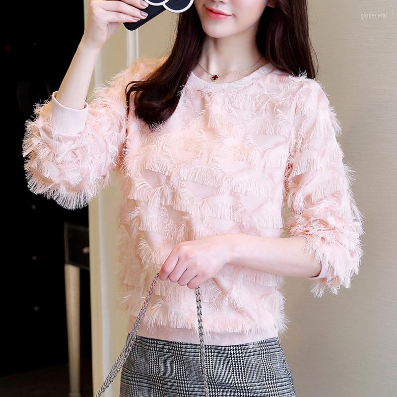 

Women's Blouses Chiffon Shirt Tassel Design 2023 Spring And Autumn Long Sleeve Round Neck Ms. Elegant Solid Color Large Size, Pink