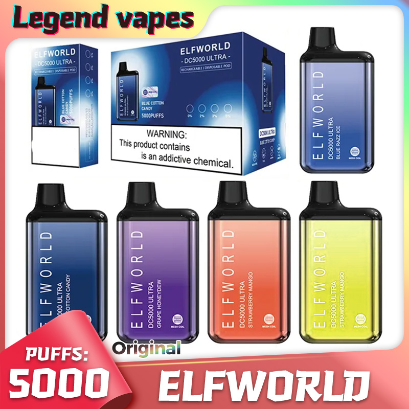 

Original Elfworld DC Ultra 5000 Puffs E Cigarettes Disposable Box Vape Pen 650mAh Rechargeable 13ml Refilled Reuse Cartridges Mesh Coil Vapes Pod Bar Vaporizer