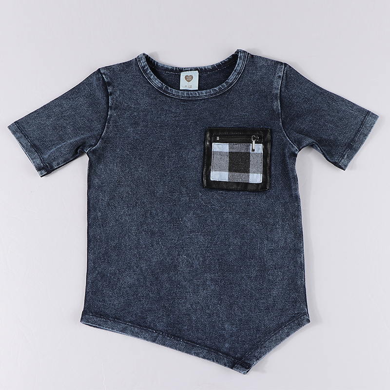 

T-shirts top kids t-shirt summer short sleeves clothes childrenboy and girl clothes denim blue irregular t shirt black zipper pocket 230410