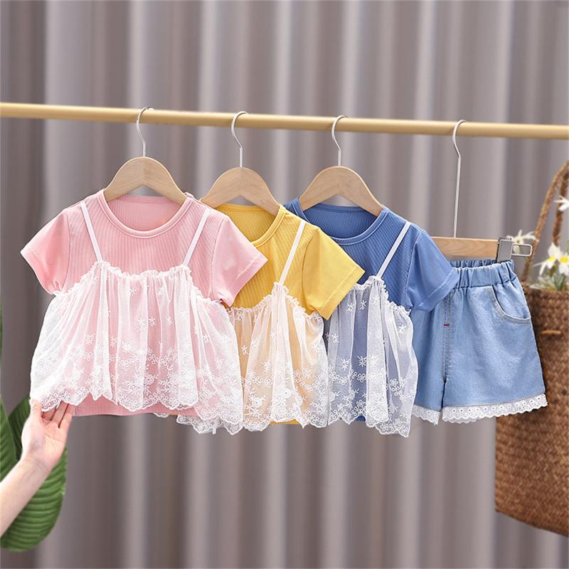 

Clothing Sets Toddler Kids Girls Clothes Summer Short Sleeve Lace Ribbed Ruffle T Shirt Tops Denim Shorts Casual 2PCS Party Outfits SetCloth, Yellow