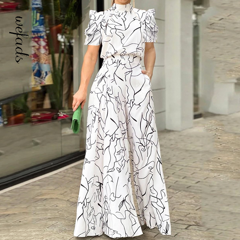

Women's Jumpsuits Rompers Wefads Women Jumpsuit Loose Fashion Elegant Long Pants Short Sleeve Halterneck Art Print Sets High Streetwear 230410, Ivory