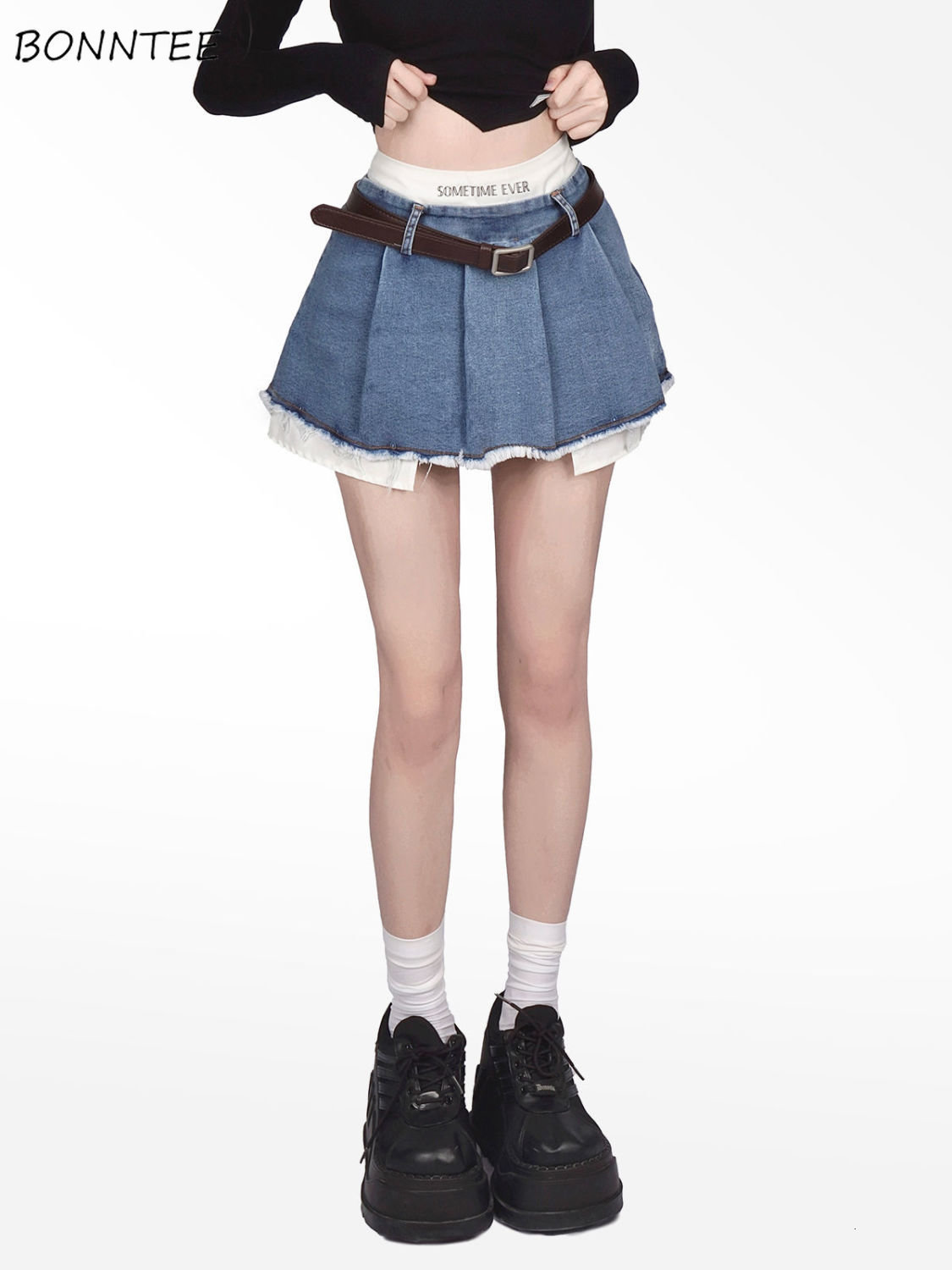 

Skirts Fake Two Pieces Denim with Lining Women Mini Summer Chic Sexy Girls Preppy Ulzzang Ins Pleated Irregular Y2k Streetwear 230410, Beige