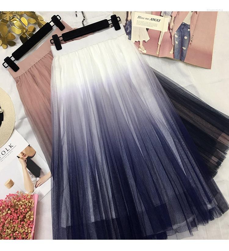

Skirts 2023 Spring Gradient Mesh Skirt Women Korean Fashion Slim High Waist Elastic Pleated Loose Long, Gray