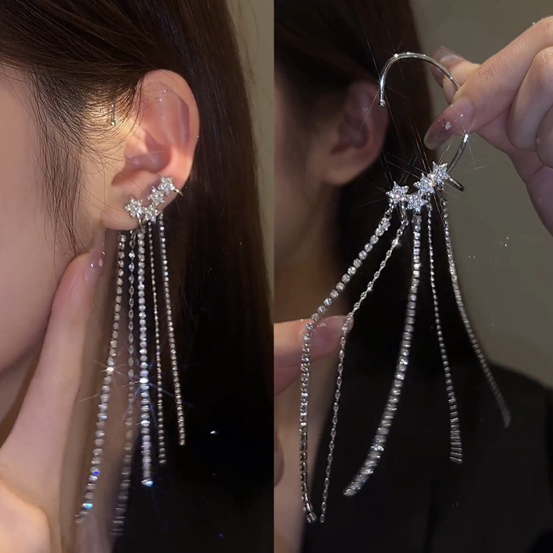 

Ear Cuff Fashion Sparkling Long Tassel Crystal Stars Clip rings Without Piercing For Women Exquisite Light Luxury Wedding Jewelry 230410