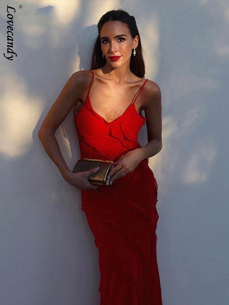 

Casual Dresses Elegant Ruffles Backless V Neck Maxi For Women Sexy Camisole Split Slim Long 2023 Summer Lady Club Party 230410, Black