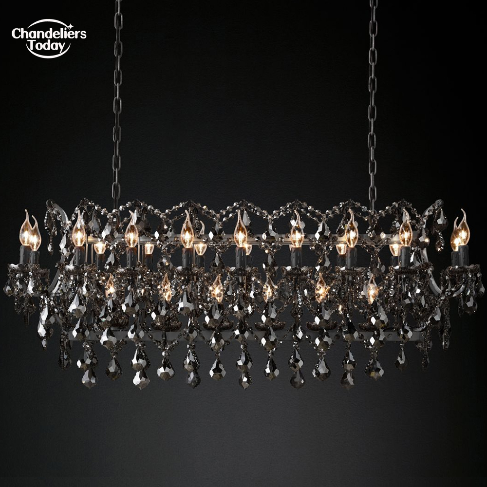 

19th C. Rococo Iron & Crystal Rectangular Chandeliers Retro LED Candle Smoke Black Pendant Lighting for Dining Room Kitchen Island Living Room Lamps