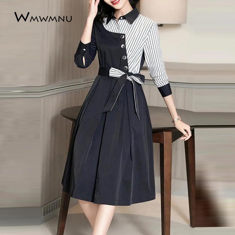 

Casual Dresses Irregular Patchwork Striped Black Shirt Dress Women Spring Fashion Color Contrast Bow Lace-Up Party Elegant A-Line