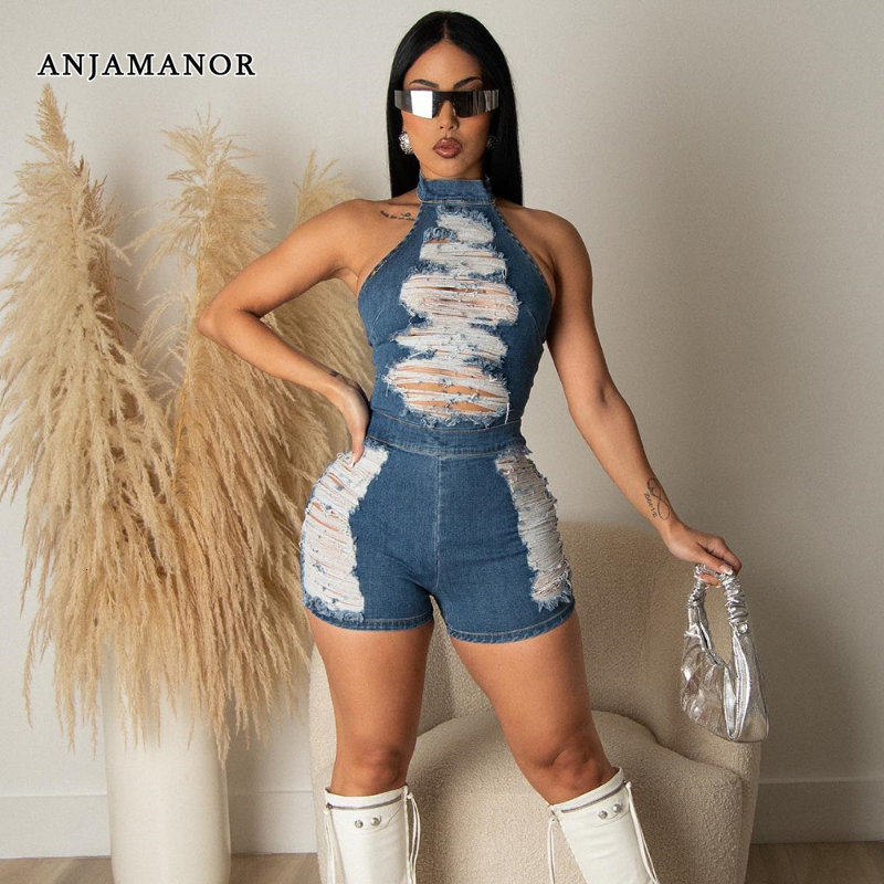 

Women s Jumpsuits Rompers ANJAMANOR Ripped Jean s Baddie Outfits for Woman 2023 Sexy Summer Blue Denim Backless Halter D82 FZ27 220410