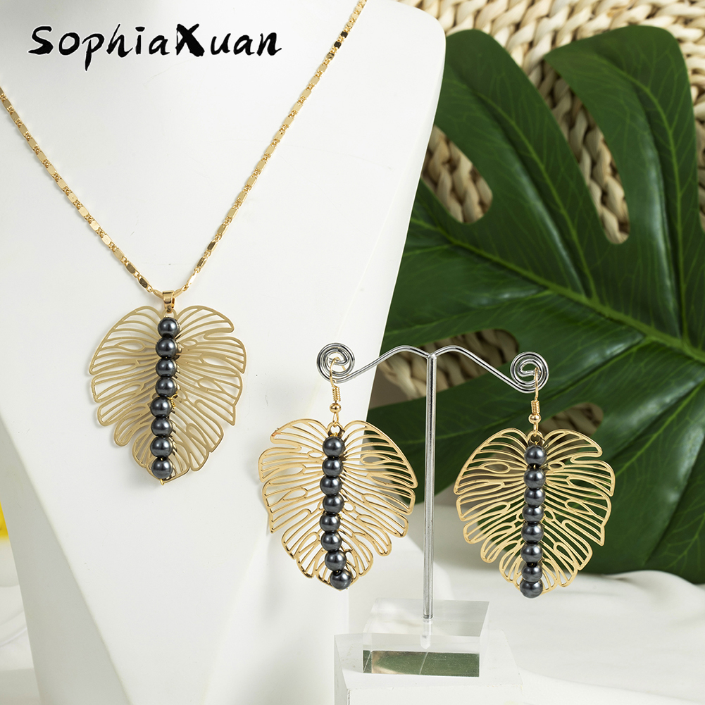 

Earrings Necklace SophiaXuan Hawaiian Jewelry Set s Accessories Leaves Pearl Gold Plated s for Women 230410, White