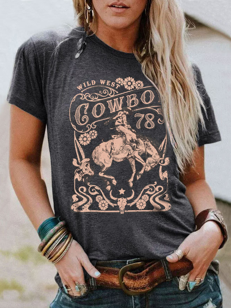 

Women's T-Shirt Wild West Cowboy T-shirts Women Steer Skull Floral Graphic Country Southern Top Rodeo Cowgirl Western T Shirt Vintage Tee Tshits 230410, Black