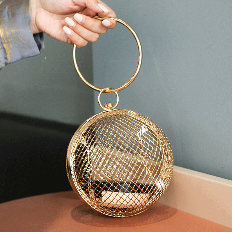 

Evening Bags s Metal Hollow Handbag Evening Bags Mini Ball Bag Women Messenger Bag Brand Clutch Circular Purse Party Women's Wallet 230410, Rose gold