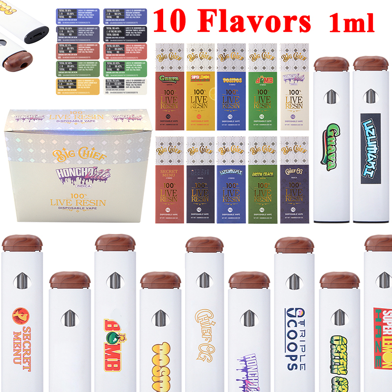 

Big Chief Disposable Vape Pens 10 Flavors Empty 1ml Live Resin Pods Rechargeable 280mAh Battery For Thick Oil E Cigarettes USB Charger Starter Kits