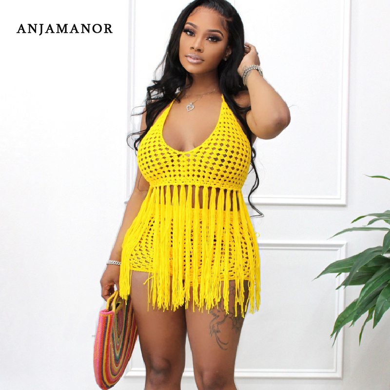 

Women s Tracksuits ANJAMANOR Crochet Fringe Top and Shorts 2 Piece Set s Sexy Beach Summer Vacation Outfits Matching Wholesale D29 DG30 220410, White