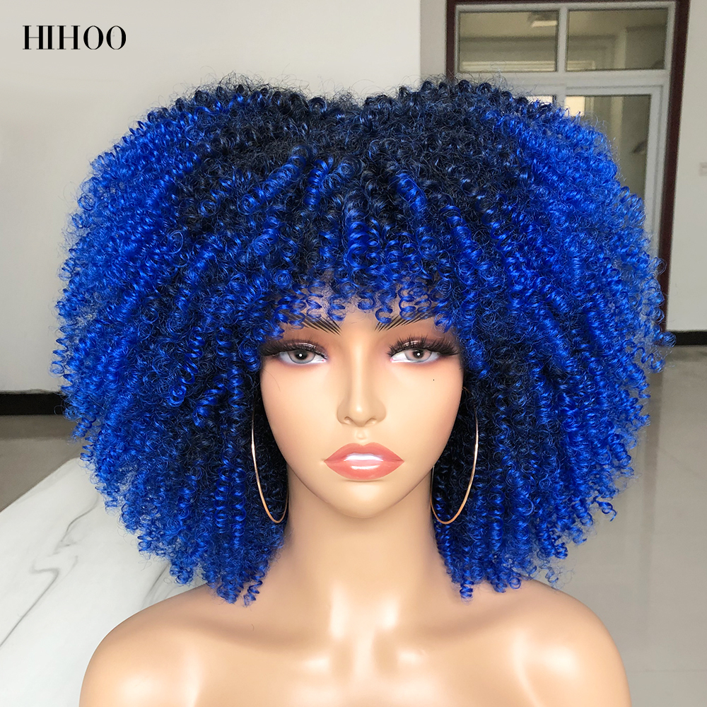 

Synthetic Wigs Short Afro Kinky Curly Wig With Bangs For Black Women Cosplay Lolita Natural Hair Ombre Mixed Brown African 230410, Green