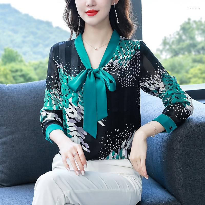 

Women's Blouses Summer Women Shirt Long Sleeve Korean Fashion Printing Chiffon Casual Loose Bow Blouse Houthion, Mixed color