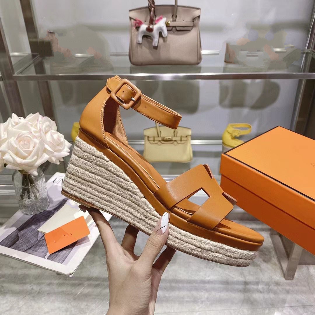 

Platform Wedge sandals Leather Slip On Narrow Band wedge shoes Straw muffin soles Loafers Shoes Flats luxury designer womens high heeled sandal MKJKMJ0002