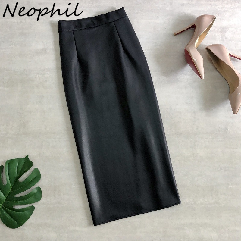 

Skirts Neophil 74cm Women's Winter Pu Leather Midi Pencil Bodycon Elegant Office Ladies High Waist Faux Stretch Sexy Skirt S9902 230410, Auburn