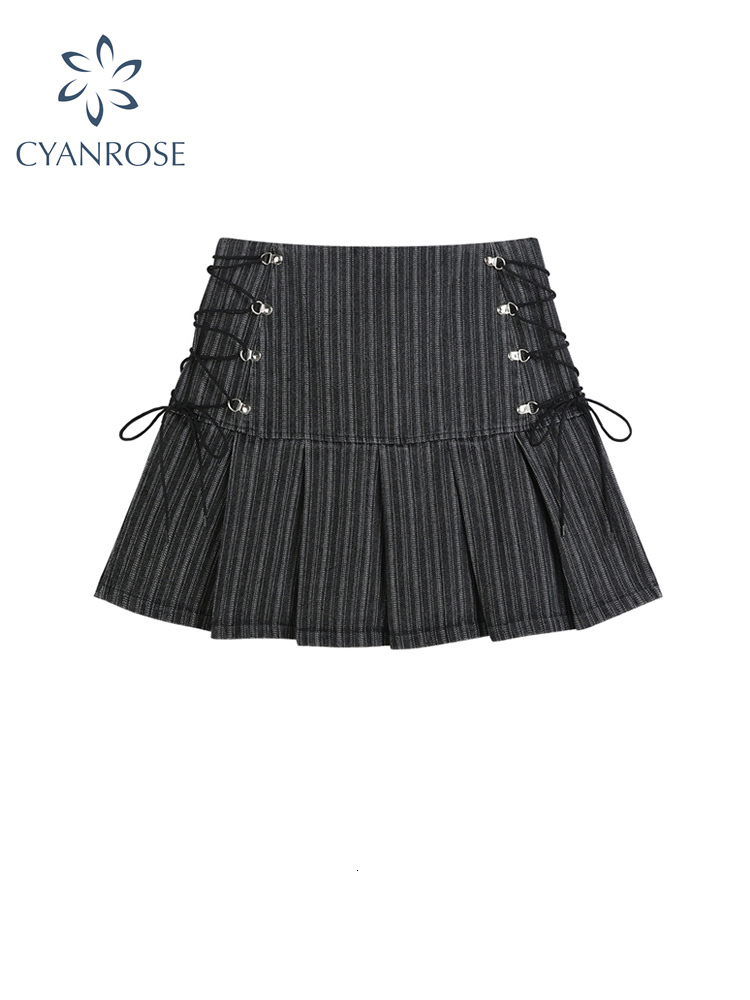 

Skirts Y2k Pleated Women Sexy High Waist Grey Stripe Bandage Mini Summer A Line Vintage Harajuku Streetwar 230410, Gray