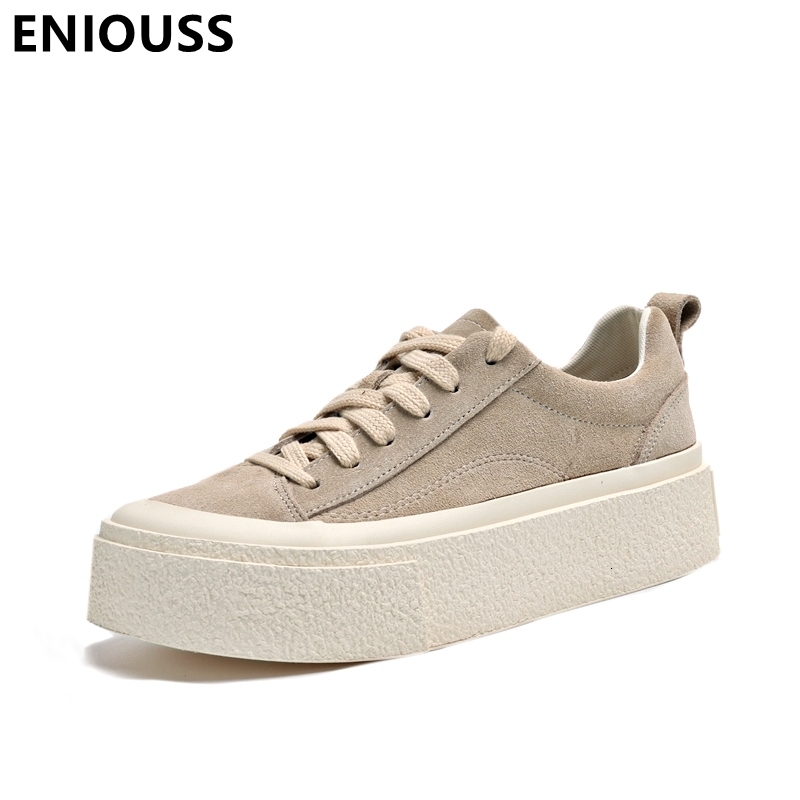 

Dress Shoes ENIOUSS Thick bottom Nubuck Leather Women Casual Flat Shoes Spring Autumn Lace-Up Ankle Female Sneakers 230410, En brown