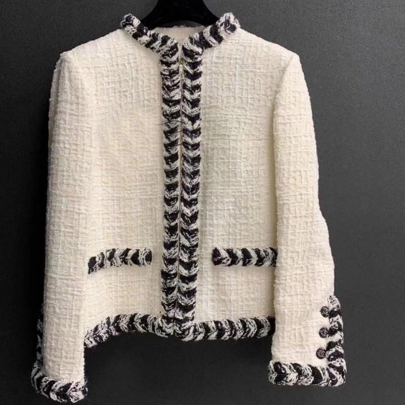 

Women' Jackets Ladies Office Elegant Tweed Jacket Round Neck White Black Knit Cardigan Autumn Patchwork French Retro Women Outerwear, Picture shown