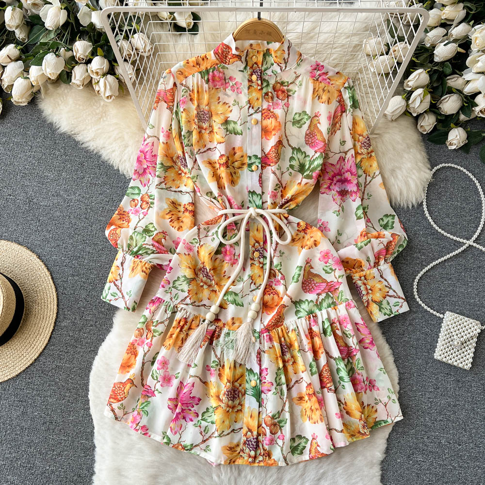 

Spring and Autumn New French Vintage Dress Standing Neck Lantern Sleeves Fragmented Flower Waist Wrapped Dress with Ruffle Bottom Fairy Dress, Yellow