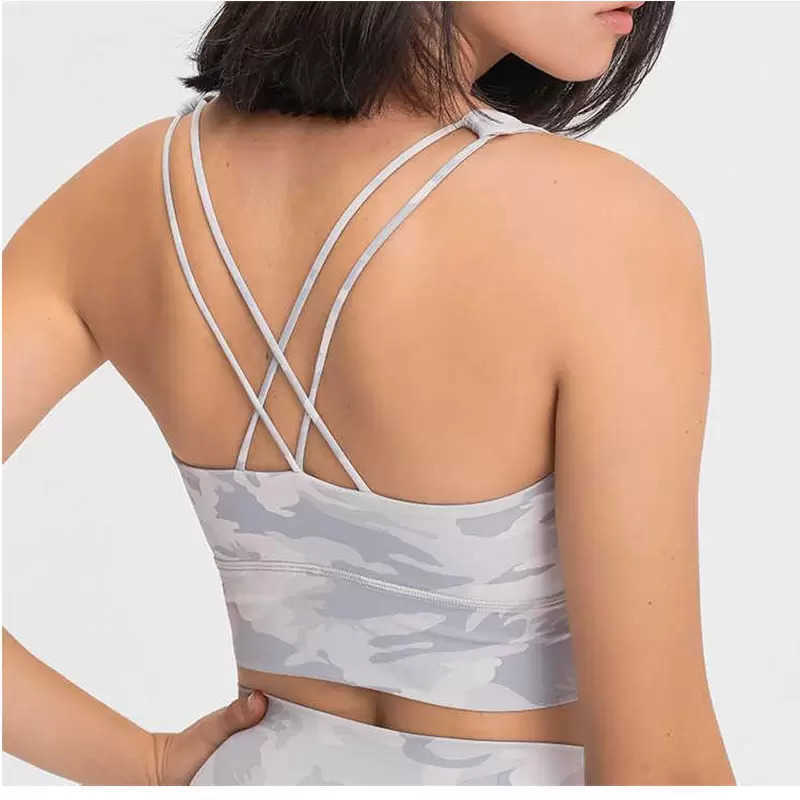 

LU-124 Fitness Yoga Tank for Women Push Up Wirefree Padded Crisscross Strappy Running Gym Training Workout Sports Underwear Crop Tops, Silver grey