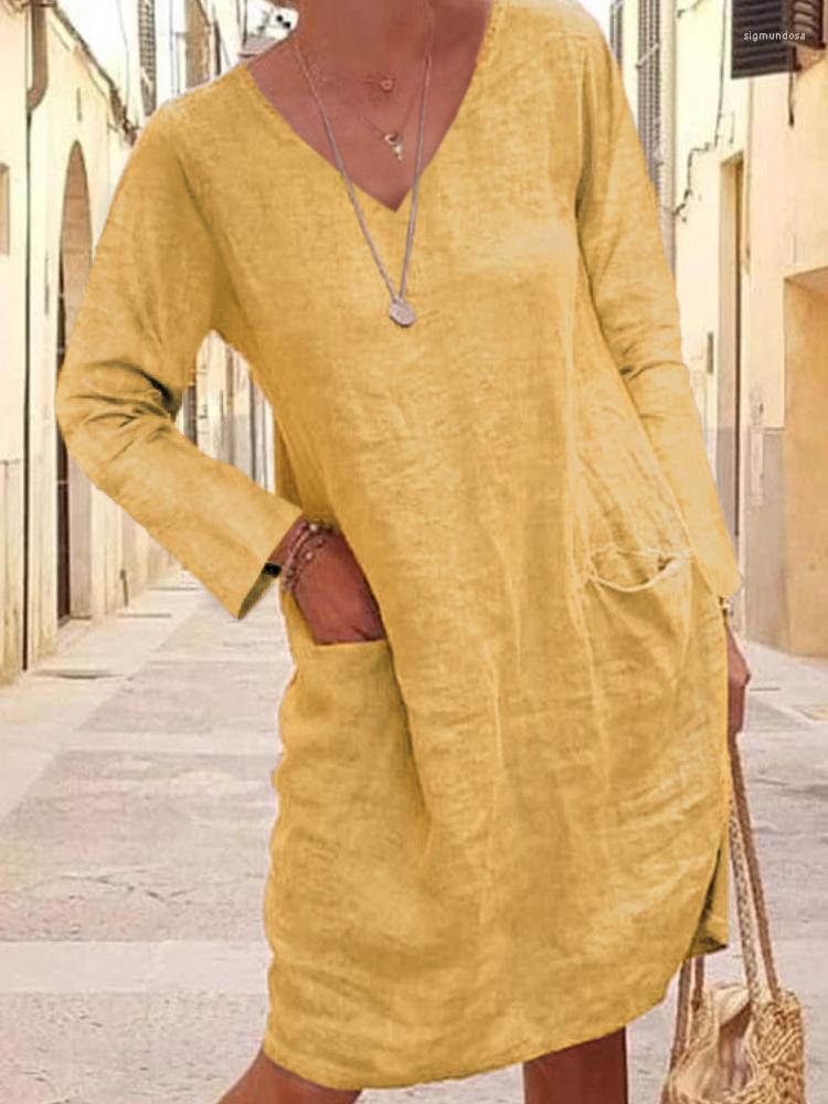 

Casual Dresses Blue Yellow Black Cotton Linen Dress Spring Fall Woman Clothes Loose Pocket Solid Long Sleeve Vintage Grey Khaki Vestidos