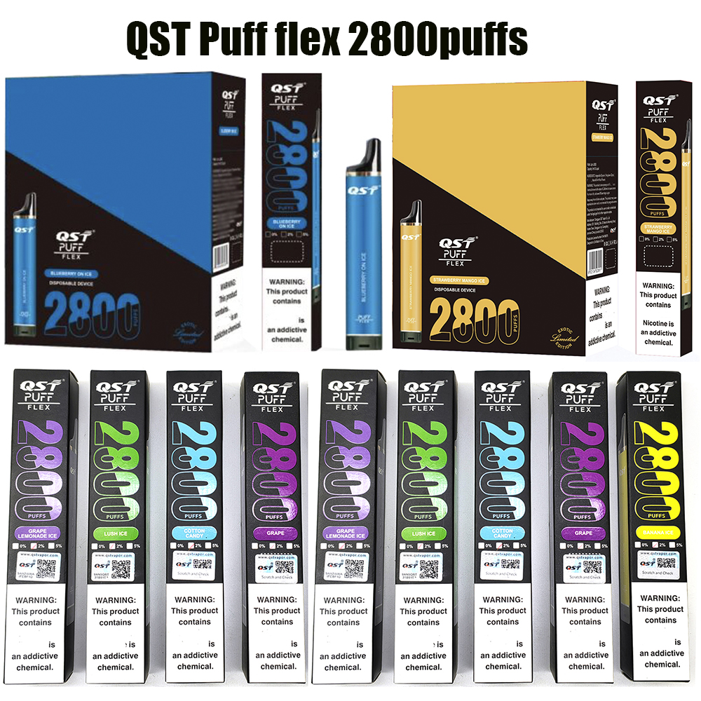 

Puff Flex 2800puffs QST Disposable E Cigarettes 0% 2% 5% 850mah Battery 8ml Pod Cotton Coil 25 Flavors Original