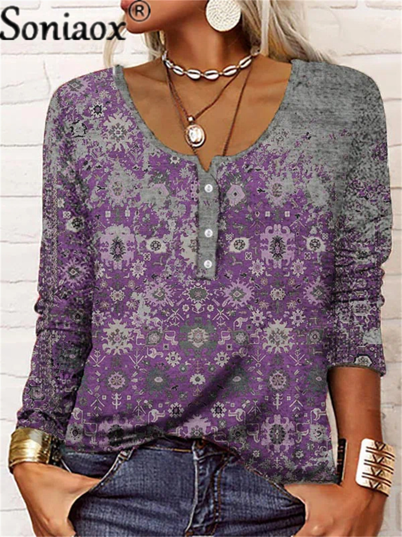 

Women' TShirt Retro Woman Blouses Button Neck TShirt Women' Flower Elegant Printing T Shirt Female Clothing Loose Long Sleeves Autumn Top 230410, Red