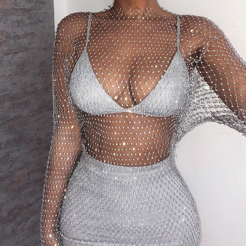 

Casual Dresses Black White Shiny Rhinestones Sequin Fishnet Women Mini Dress Sexy Long Sleeve Mesh Hollow Out Transparent Party Clubwear Dress 230410, White-90cm